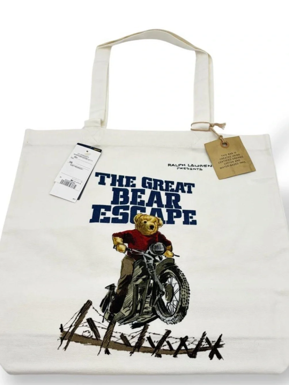 NWT Rare Ralph Lauren Canvas Tote Bag Polo Bear Motorcycle Graphic Movie Cover